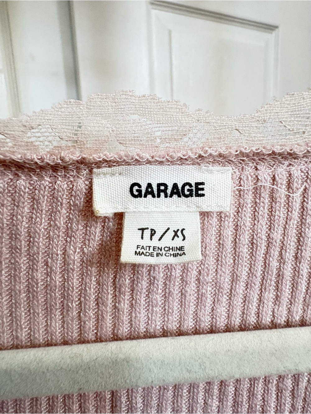 Garage Ribbed Lace-Trim Crewneck Sweater - Light Pink